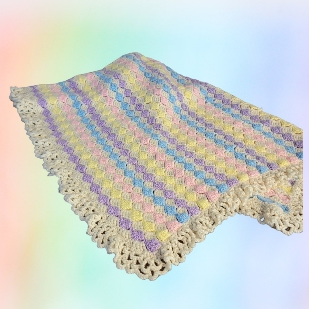 Baby Afghan Crocheted Handmade Crib Throw Blanket Pastel Rainbow Nursery